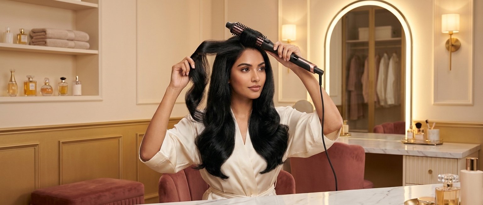Woman using thermal hot brush for bouncy blow dry