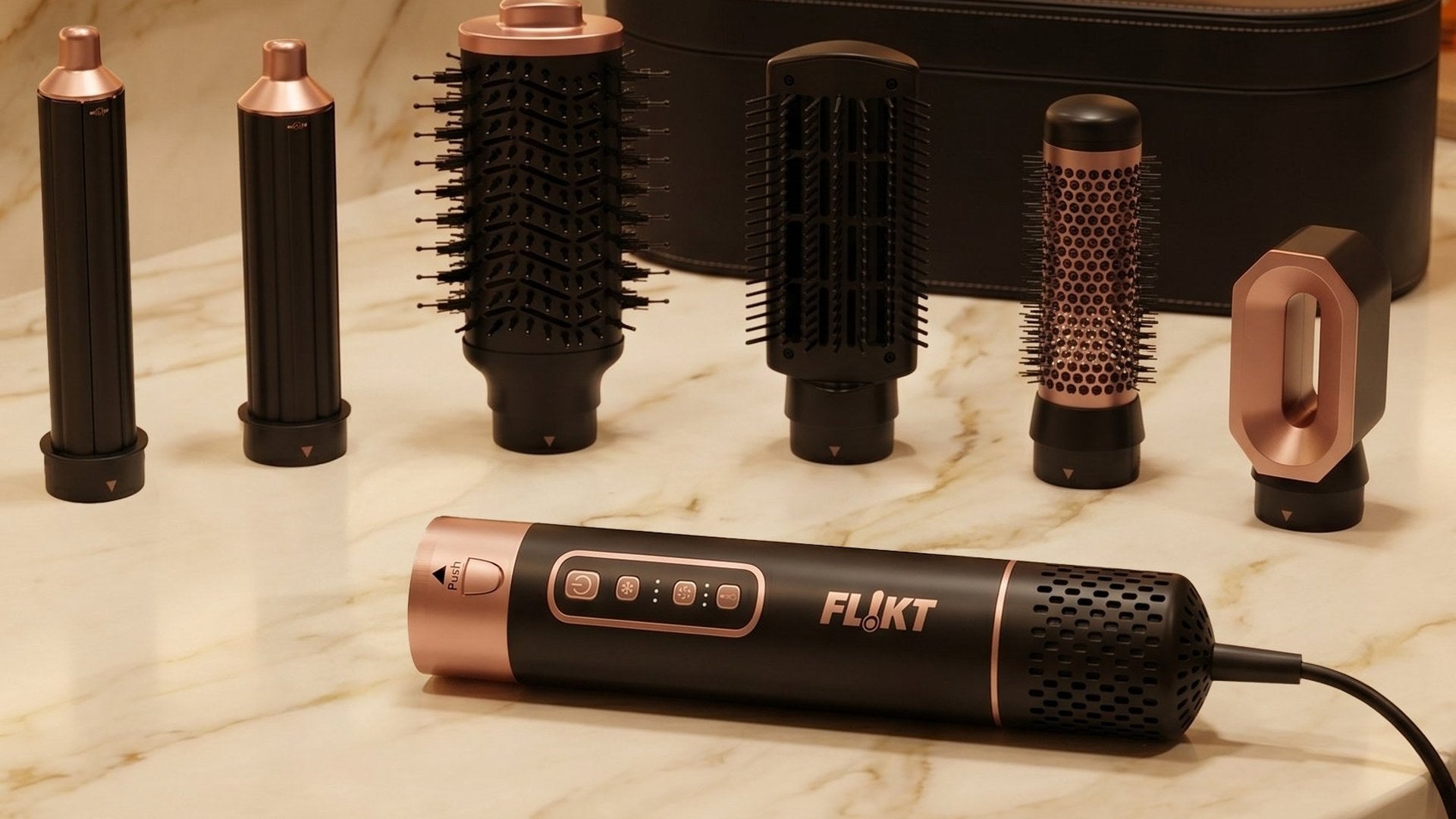 FL!KT 6-in-1 hair multi-styler with all six attachments laid out on a white surface