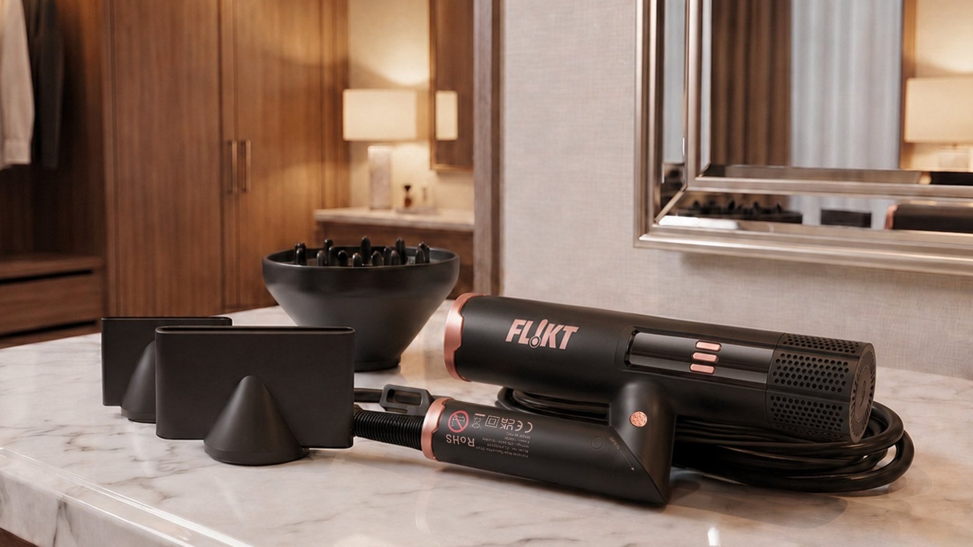 FL!KT hair dryer with concentrator nozzle attached, shown against a clean white background