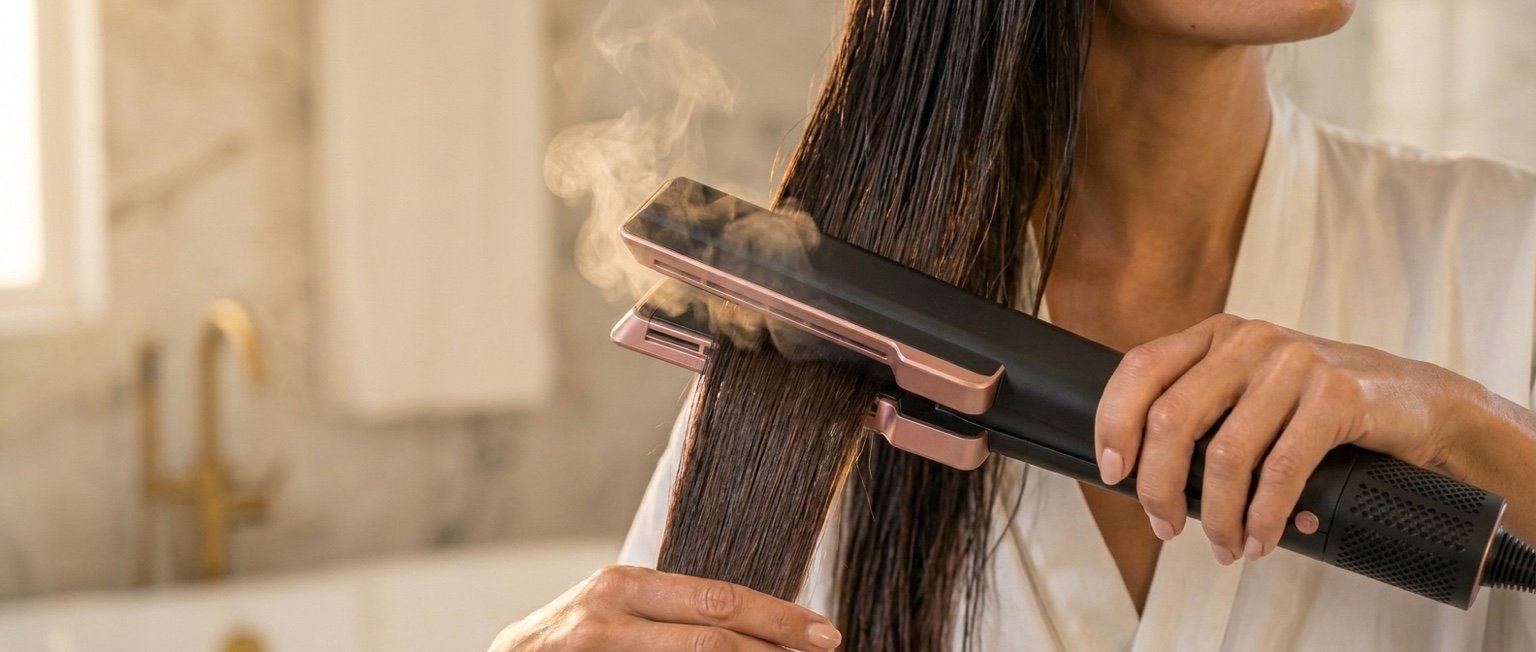 woman straightening wet hair